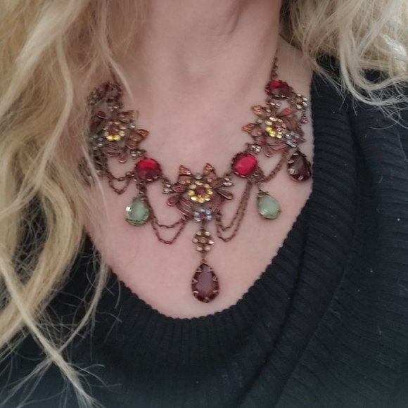 Joan Rivers Antique Style Runway Statement Drippy Rhinestone Necklace Multicolor - Picture 7 of 7